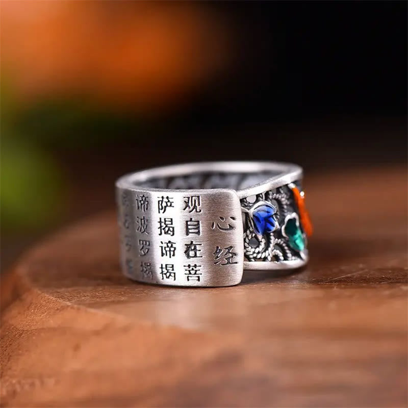 Fortune Jewel Copper Blue Enamel Lotus Heart Sutra Koi Fish Luck Ring Fortune Jewel