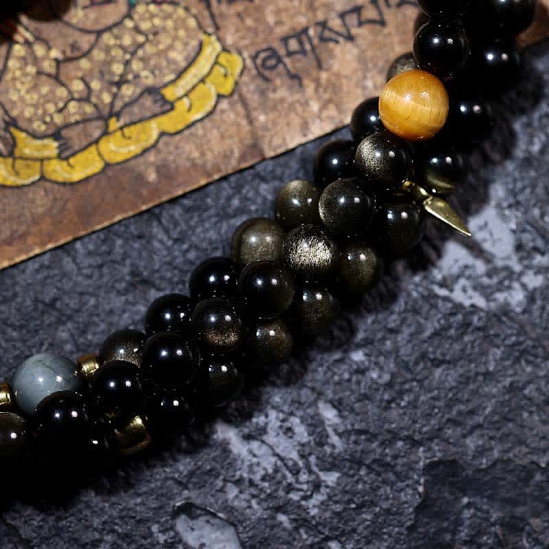Fortune Jewel 108 Mala Beads Gold Sheen Obsidian Tiger Eye Eagle's Eye Stone Wealth Bracelet