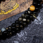 Fortune Jewel 108 Mala Beads Gold Sheen Obsidian Tiger Eye Eagle's Eye Stone Wealth Bracelet