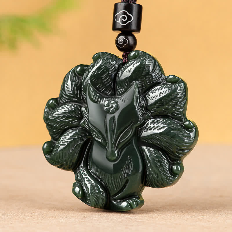 Fortune Jewel Hetian Cyan Jade Nine Tailed Fox Luck Necklace String Pendant