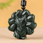 Fortune Jewel Hetian Cyan Jade Nine Tailed Fox Luck Necklace String Pendant