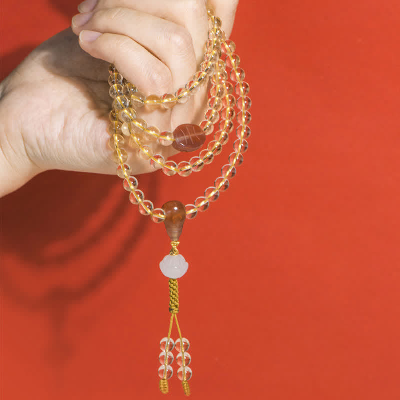 Fortune Jewel 108 Mala Beads 925 Sterling Silver Natural Citrine Red Agate White Jade Prosperity Charm Bracelet