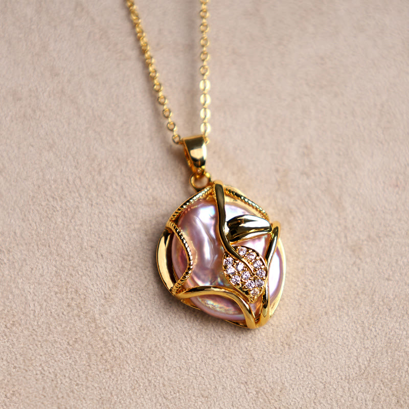 Fortune Jewel 18K Gold Plated Copper Natural Baroque Pearl Flower Sincerity Necklace Pendant