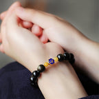 Fortune Jewel 925 Sterling Silver Chinese Zodiac Natal Buddha Natural Gold Sheen Obsidian Amber Wealth Protection Bracelet