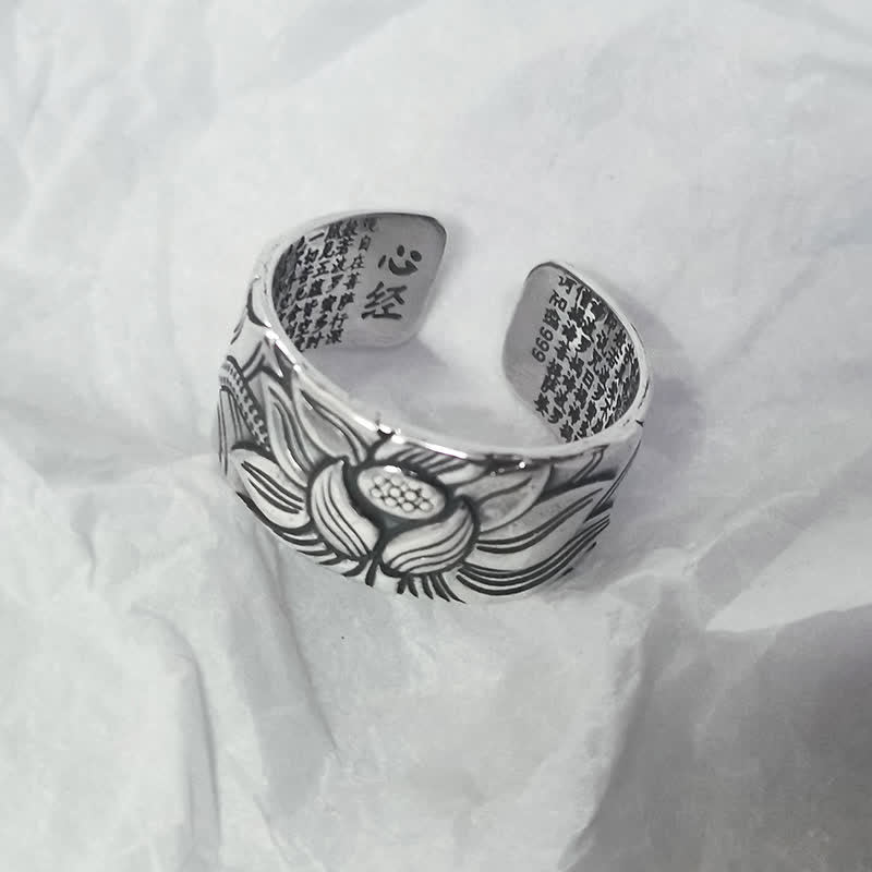 Fortune Jewel 999 Sterling Silver Lotus Symbol Heart Sutra Protection Ring Fortune Jewel