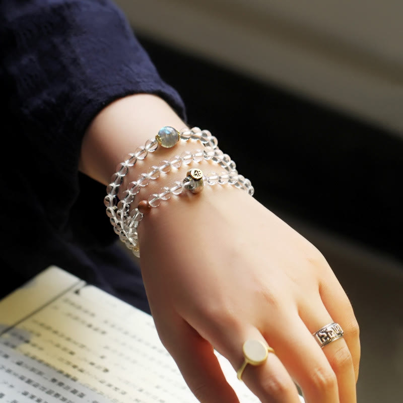 Fortune Jewel 925 Sterling Silver Chinese Zodiac Natal Buddha White Crystal Meditation Triple Wrap Bracelet