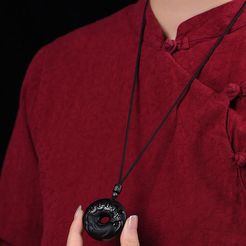 Fortune Jewel Chinese Zodiac Natural Black Obsidian Peace Buckle Strength Necklace Pendant
