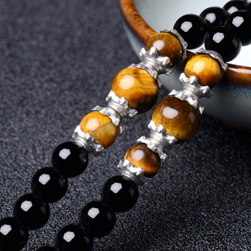 Fortune Jewel 108 Beads Natural Black Obsidian Tiger Eye Mala Bracelet