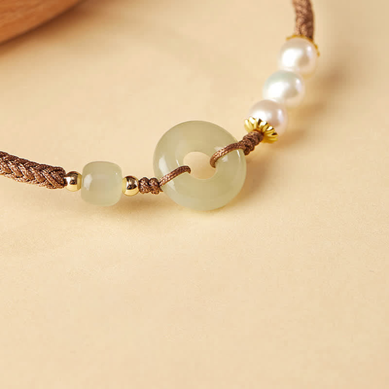 Fortune Jewel Natural Hetian Jade Pearl Peace Buckle Luck Bracelet