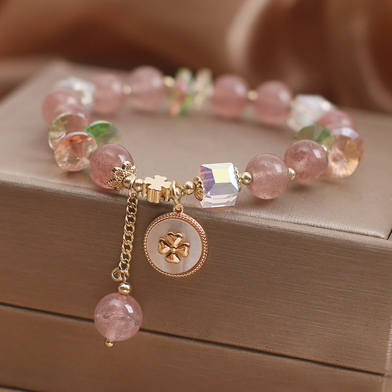 Fortune Jewel Strawberry Quartz Lucky Four Leaf Clover Healing Charm Bracelet