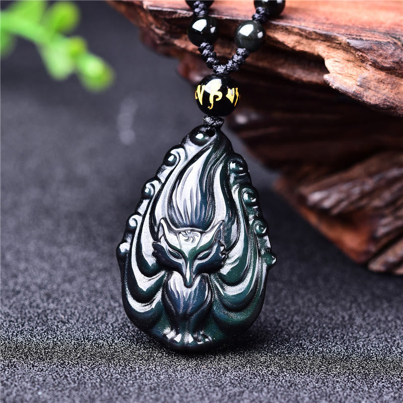 Fortune Jewel Natural Rainbow Obsidian Nine Tailed Fox Inner Peace Necklace Beaded String Pendant