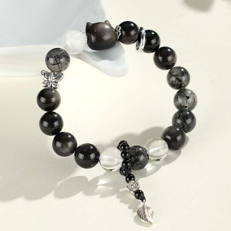 Fortune Jewel Natural Silver Sheen Obsidian Cat Head Fox Planet Protection Bracelet
