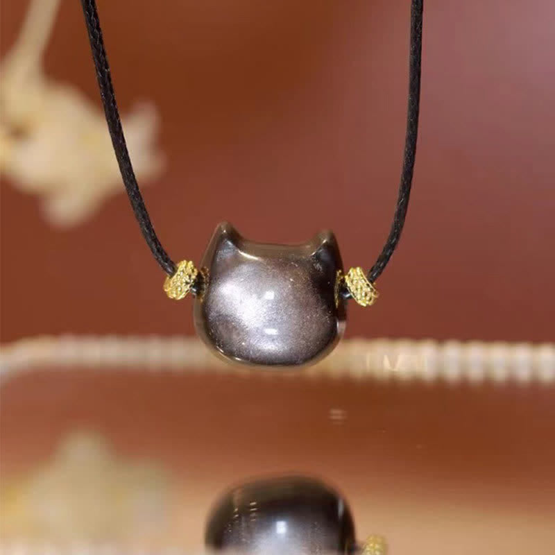 Fortune Jewel Gold Sheen Obsidian Silver Sheen Obsidian Lovely Paw Lucky Cat Protection Bracelet