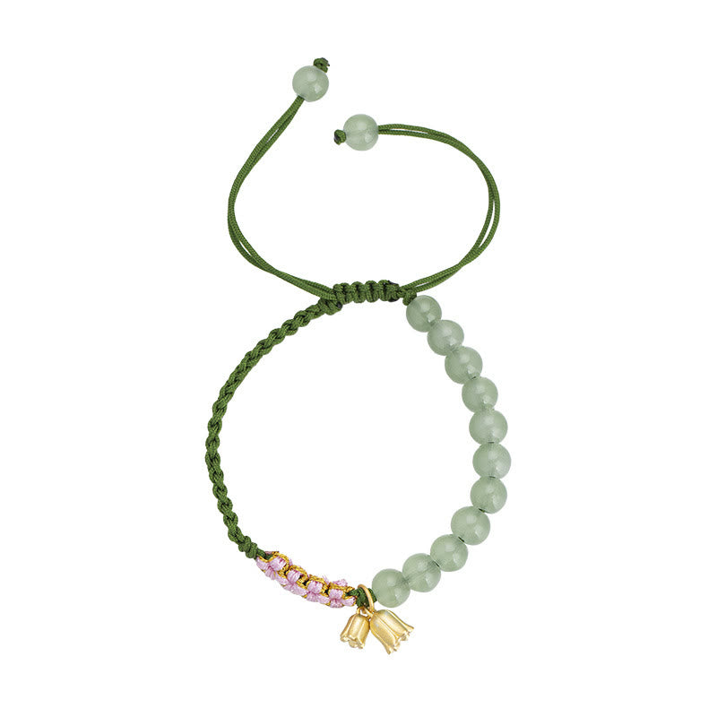 Fortune Jewel Handmade Jade Bead Lily of the Valley Charm Luck Braided Bracelet