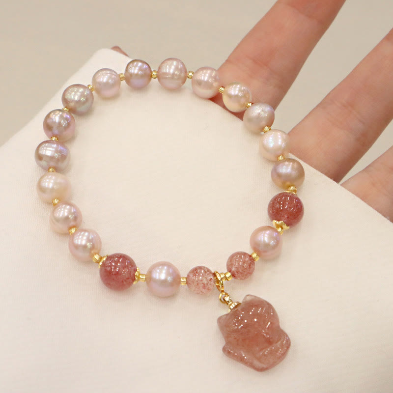Fortune Jewel Natural Pearl Strawberry Quartz Cute Fox Love Healing Charm Bracelet