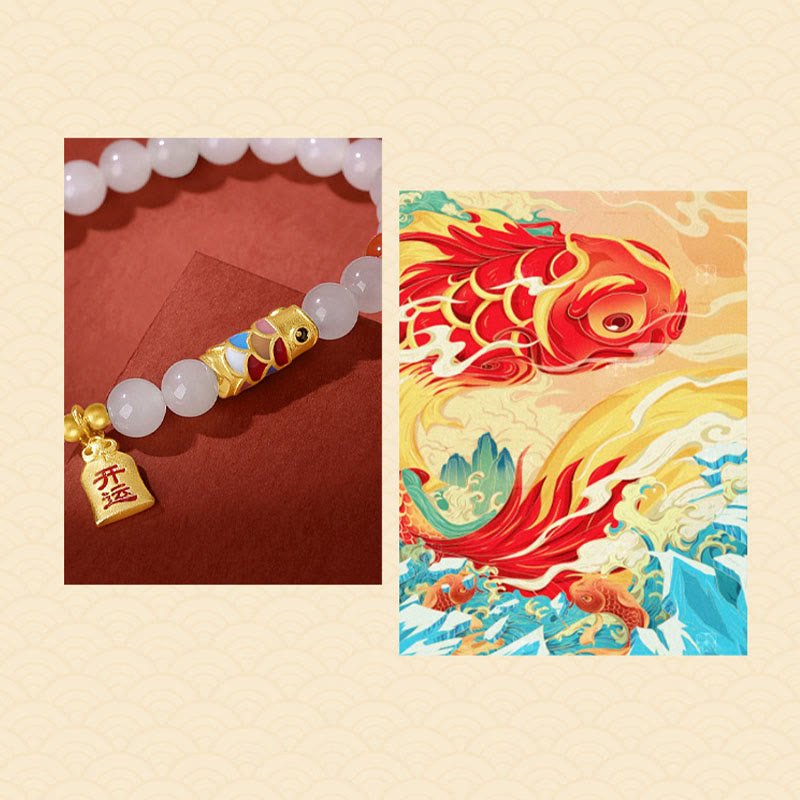Fortune Jewel 925 Sterling Silver Hetian White Jade Red Agate Koi Fish Luck Happiness Bracelet