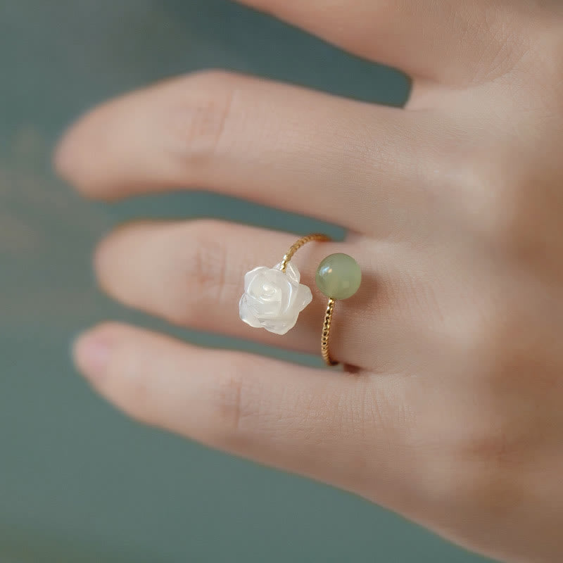Fortune Jewel 14K Gold Plated Tridacna Stone Rose Flower Jade Bead Blessing Ring