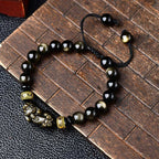 Fortune Jewel Natural Gold Sheen Obsidian PiXiu Om Mani Padme Hum Wealth Braided Bracelet