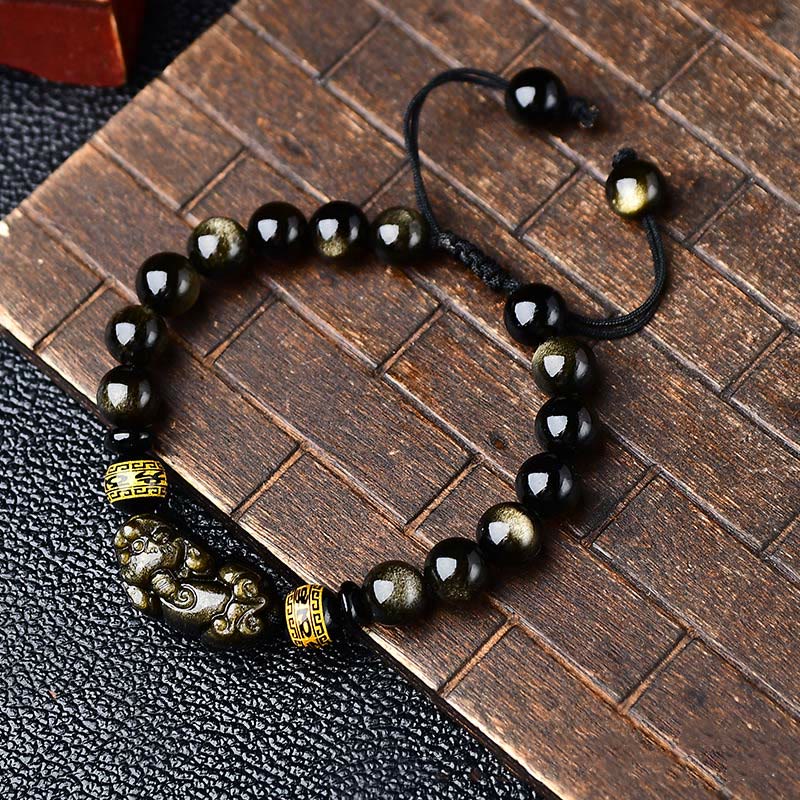Fortune Jewel Natural Gold Sheen Obsidian PiXiu Om Mani Padme Hum Wealth Braided Bracelet