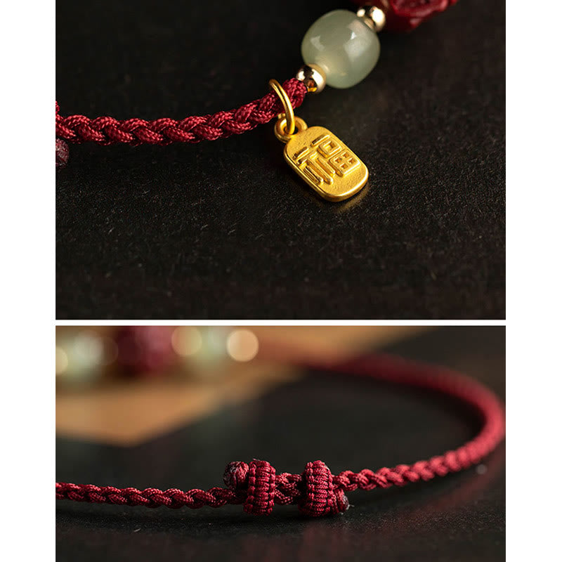 Fortune Jewel Natural Cinnabar Chinese Zodiac Hetian Jade Fu Character Luck Rope Bracelet