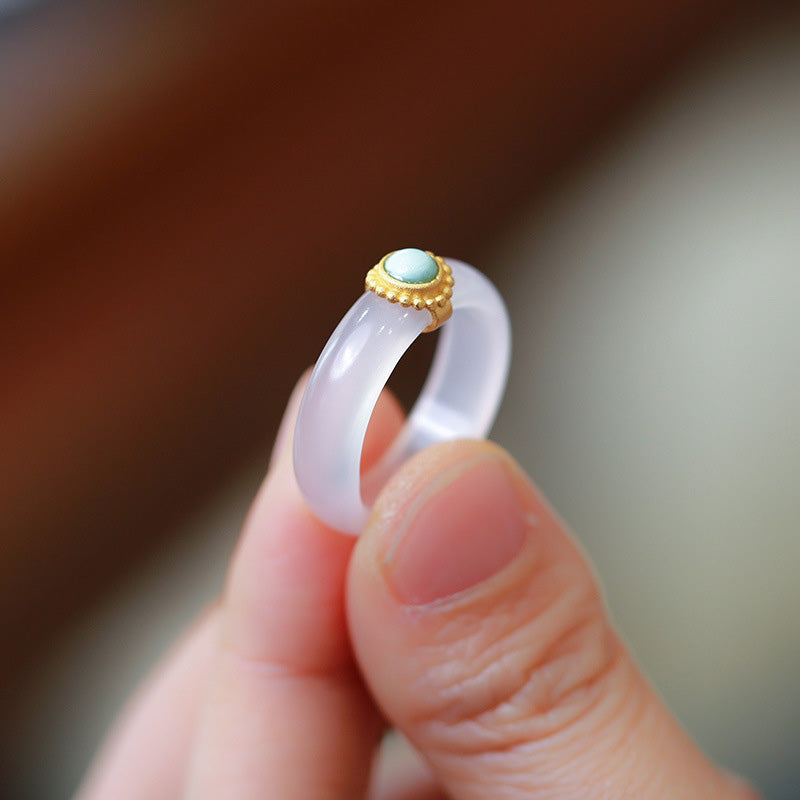 Fortune Jewel White Agate Cyan Jade Turquoise Red Agate Luck Protection Ring
