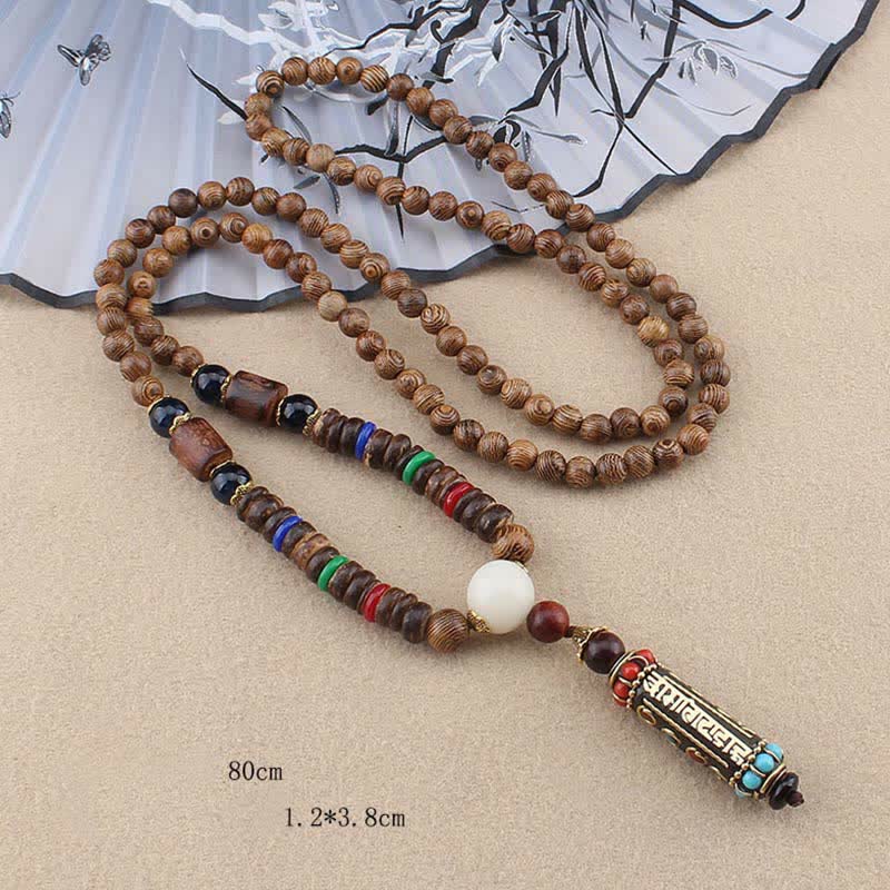 Fortune Jewel Tibetan Om Mani Padme Hum Dzi Bead Wenge Wood Necklace Pendant