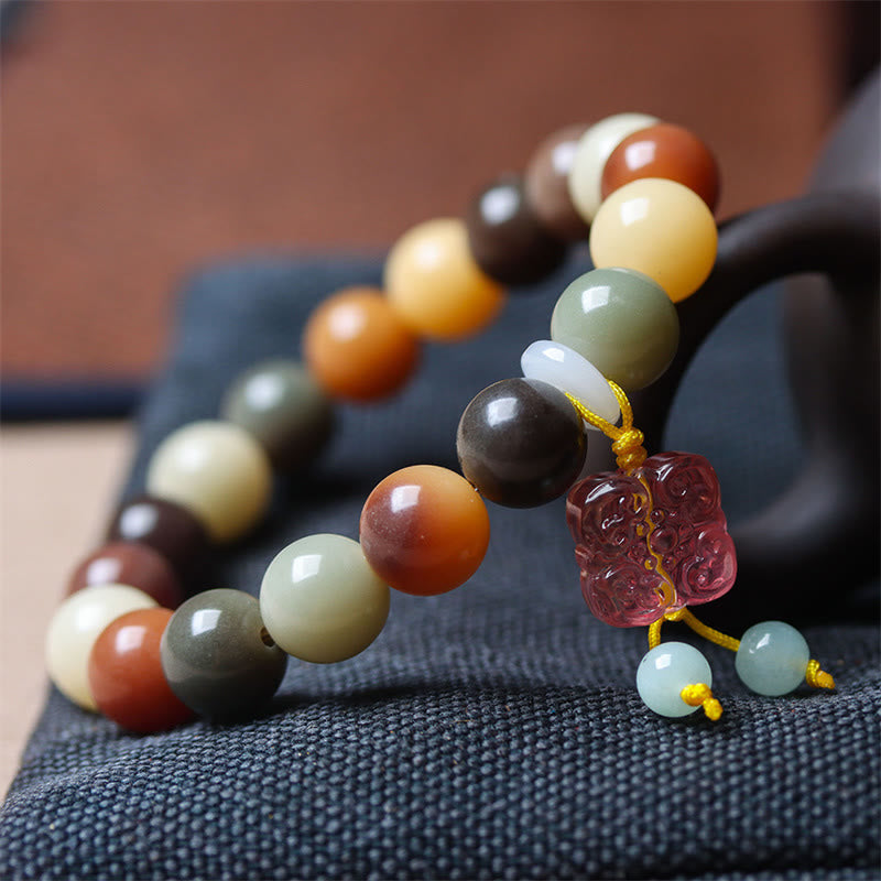 Fortune Jewel Natural Multicolored Gradient Bodhi Seed Liuli Glass Charm Peace Bracelet