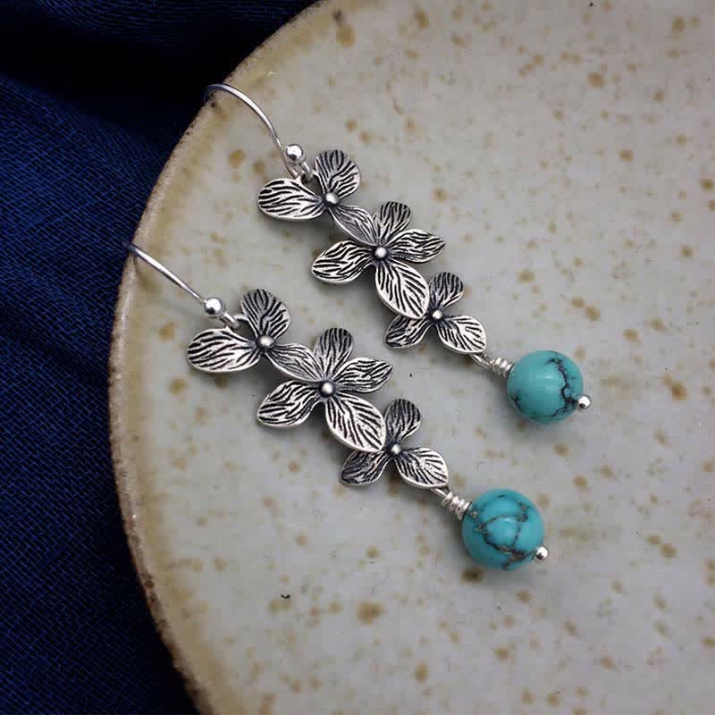 Fortune Jewel 925 Sterling Silver Turquoise Lazurite Flower Leaf Serenity Protection Hook Drop Dangle Earrings
