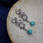 Fortune Jewel 925 Sterling Silver Turquoise Lazurite Flower Leaf Serenity Protection Hook Drop Dangle Earrings