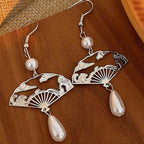 Fortune Jewel Copper Fan Auspicious Clouds Pearl Healing Drop Earrings