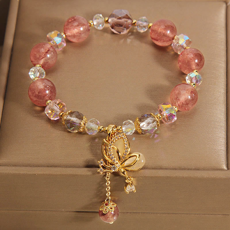 Fortune Jewel Natural Strawberry Quartz Healing Positive Butterfly Charm Bracelet