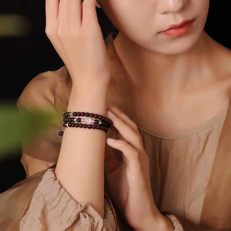 Fortune Jewel 925 Sterling Silver Natural Garnet Cat Eye Protection Triple Wrap Bracelet