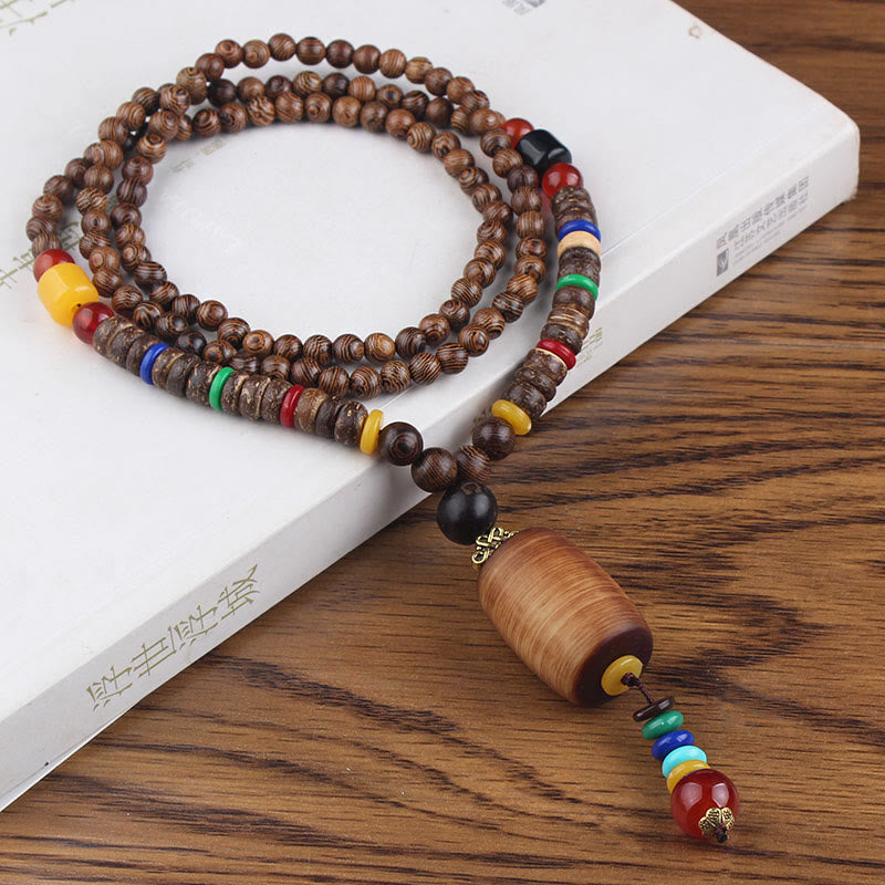 Fortune Jewel Tibetan Wenge Wood Bodhi Seed Agate Balance Peace Necklace Pendant