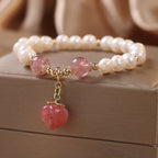 Fortune Jewel Natural Pearl Strawberry Quartz Peach Love Heart Wisdom Charm Bracelet