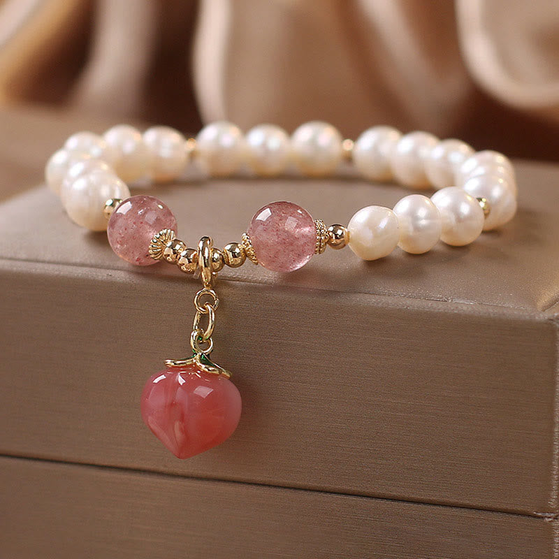 Fortune Jewel Natural Pearl Strawberry Quartz Peach Love Heart Wisdom Charm Bracelet