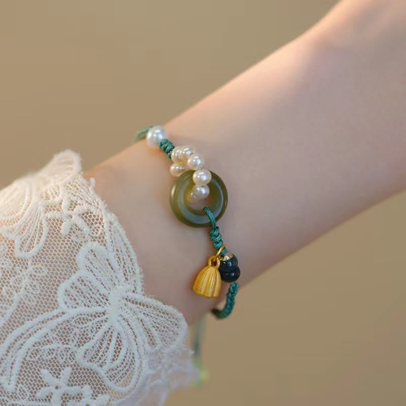 Fortune Jewel Natural Hetian Jade Peace Buckle Pearl Luck Handcrafted Braided Bracelet