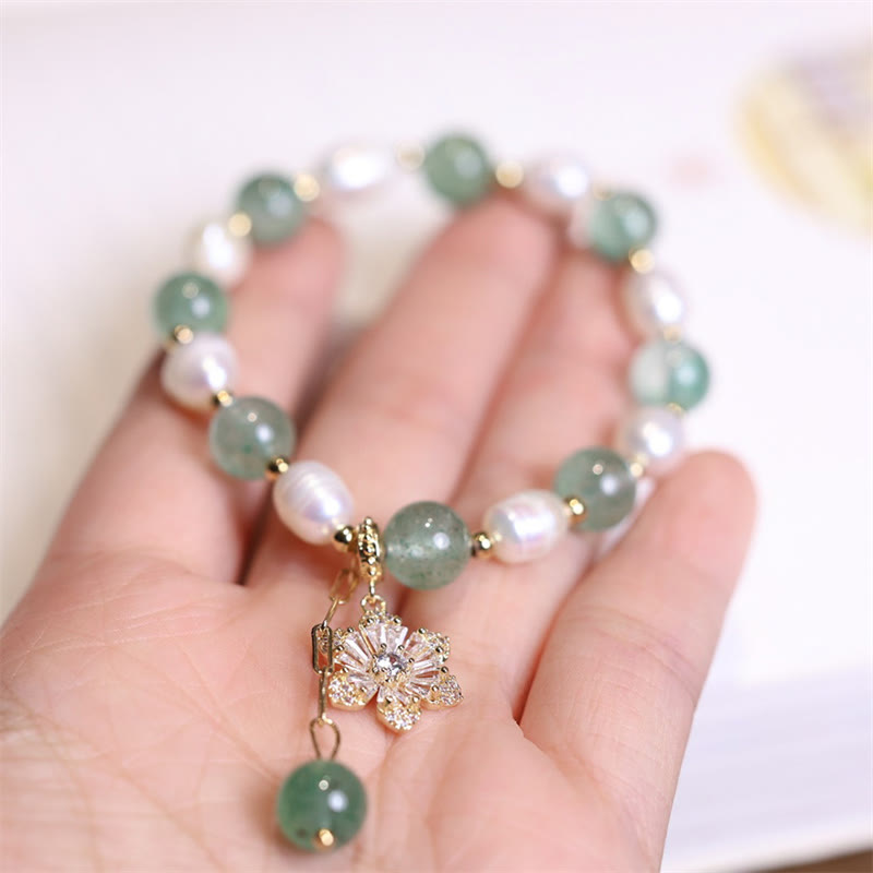 Fortune Jewel Natural Green Strawberry Quartz Pearl Flower Charm Love Bracelet