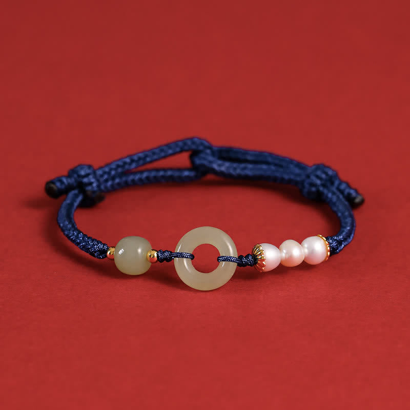 Fortune Jewel Natural Hetian Jade Pearl Peace Buckle Luck Bracelet