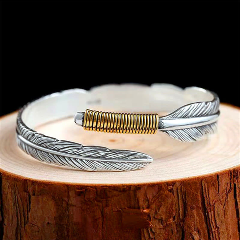 Fortune Jewel Feather Pattern Engraved Luck Cuff Bracelet Bangle