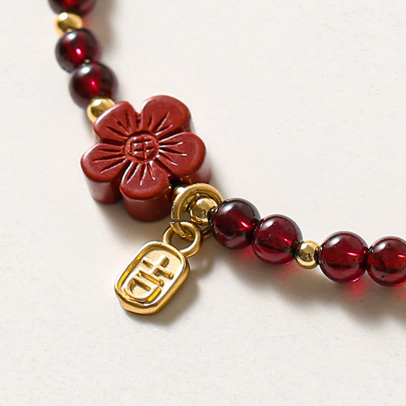 Fortune Jewel 14K Gold Plated Natural Garnet Cinnabar Flower Calm Bracelet