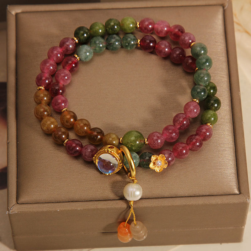 Fortune Jewel Multicolored Tourmaline Positive Double Wrap Gourd Charm Bracelet