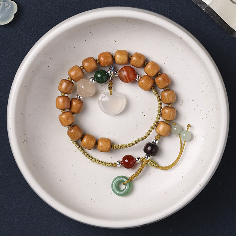 Fortune Jewel Green Sandalwood Chalcedony Peace Buckle Charm Soothing Double Wrap Bracelet