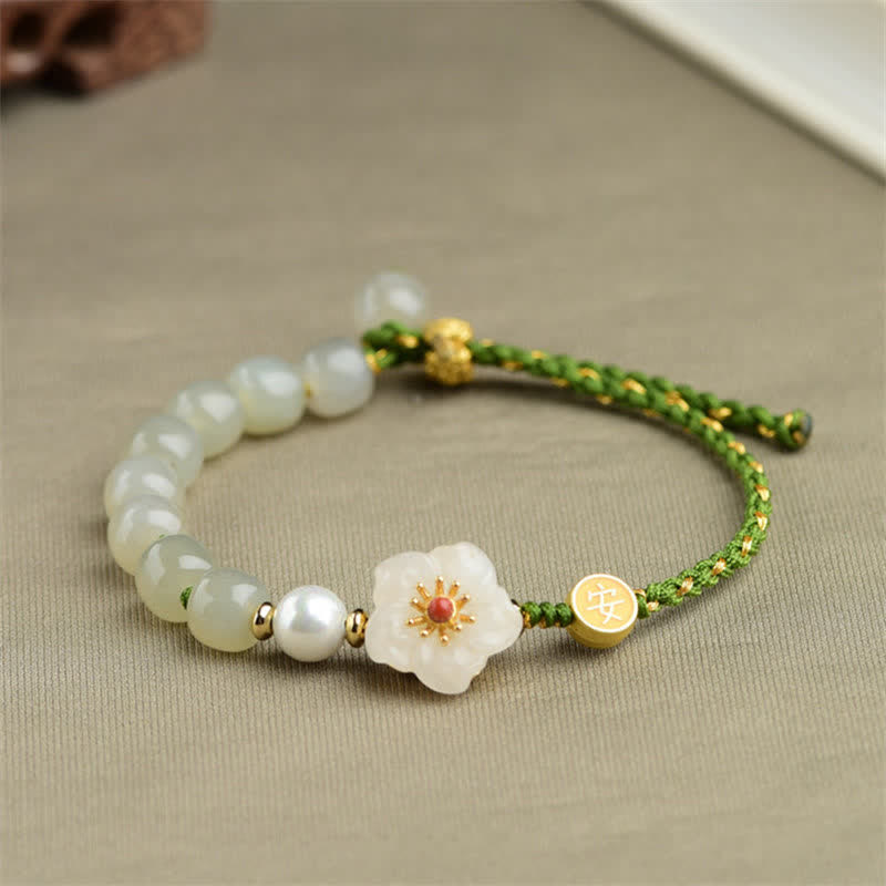 Fortune Jewel 925 Sterling Silver Natural Hetian Jade Peach Blossom Luck Bracelet