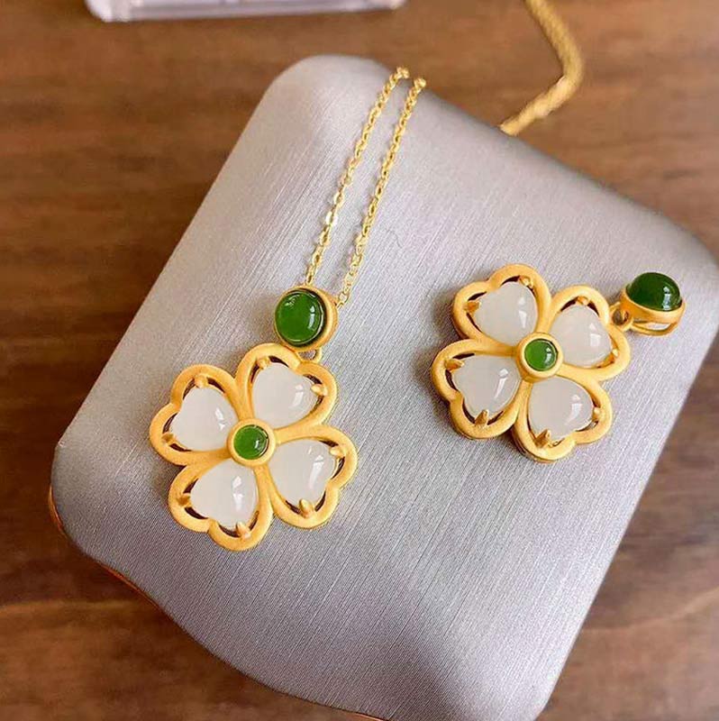 Fortune Jewel 925 Sterling Silver Lucky Four Leaf Clover Jade Prosperity Necklace Chain Pendant