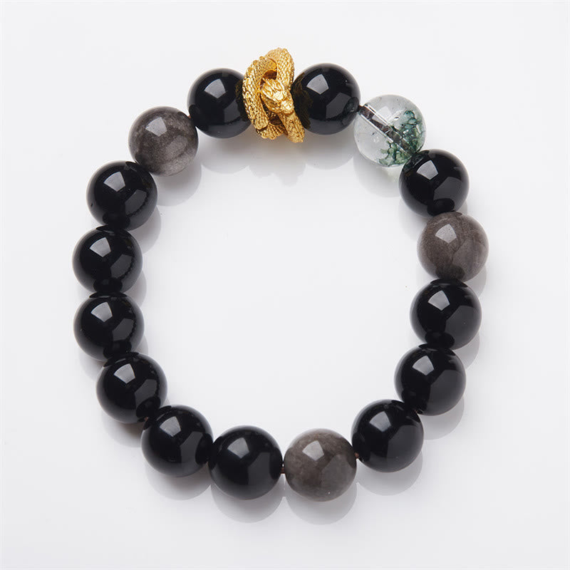 Fortune Jewel Natural Silver Sheen Obsidian Dragon Green Phantom Protection Bracelet