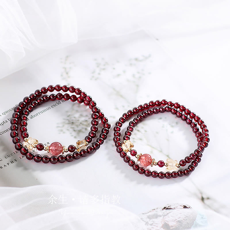 Fortune Jewel 14K Gold Plated Natural Garnet Strawberry Quartz Butterfly Protection Double Wrap Bracelet