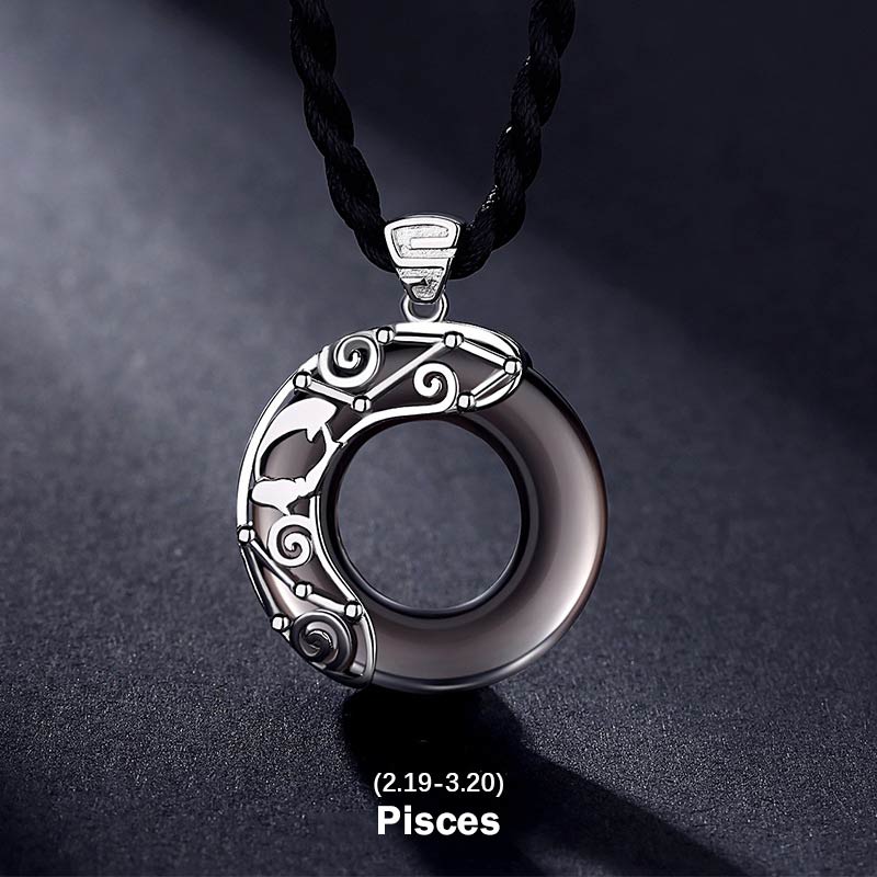 Fortune Jewel 12 Constellations of the Zodiac Ice Obsidian Blessing Round Pendant Necklace