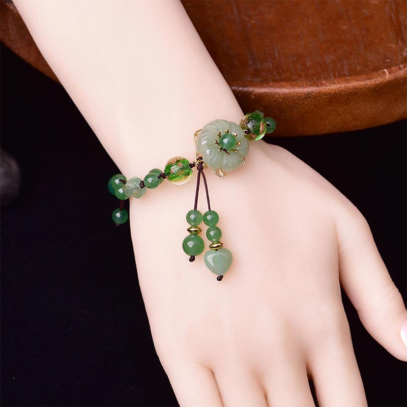 Fortune Jewel Natural Green Jade Luck Dangling Flower Bracelet