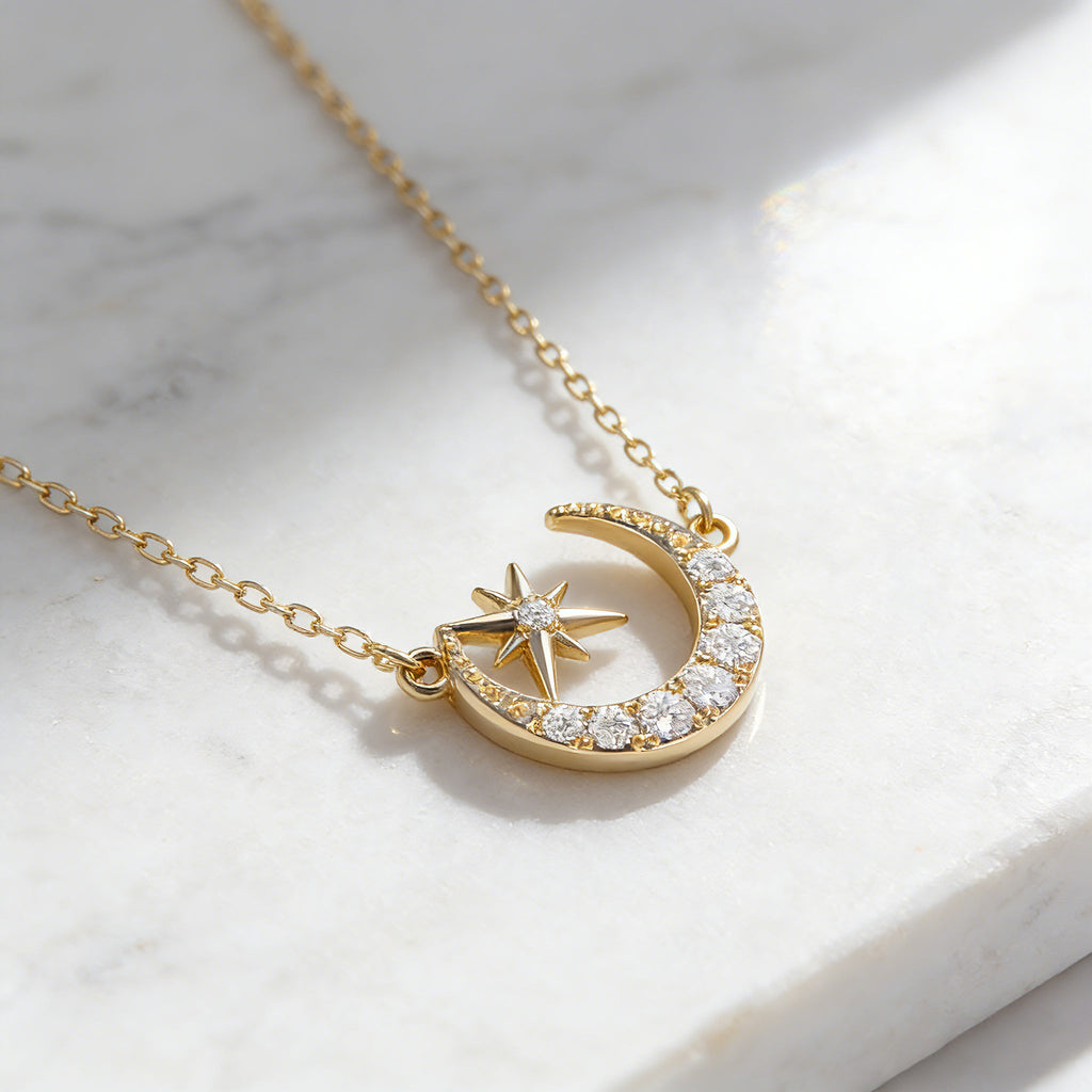 Lucky Star and Moon CZ Necklace for Women