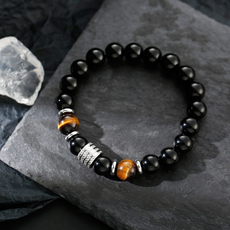 Fortune Jewel Natural Black Obsidian Tiger Eye Strength Fulfillment Bracelet